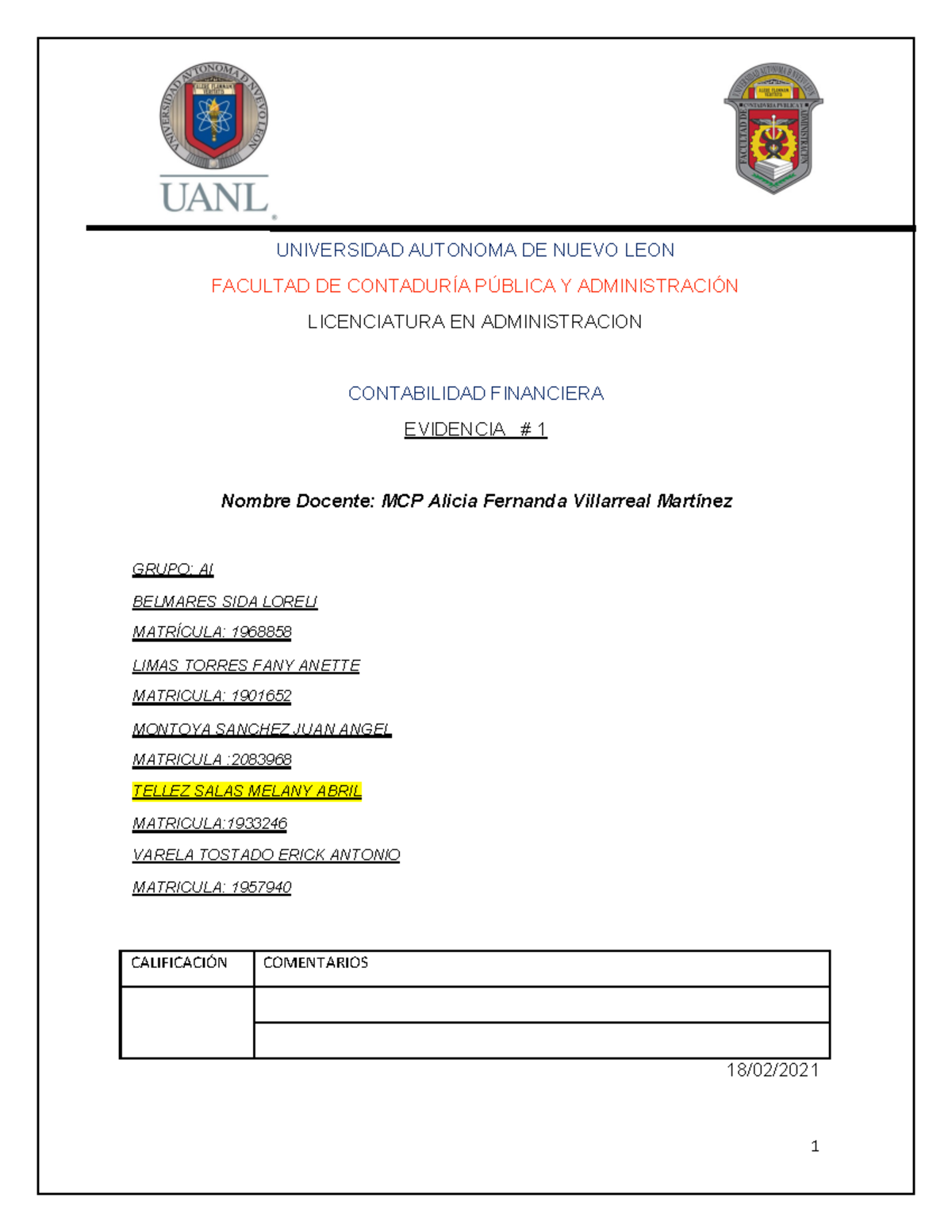 Evidencia 1 Equipo 7 CF 4 - UNIVERSIDAD AUTONOMA DE NUEVO LEON FACULTAD ...