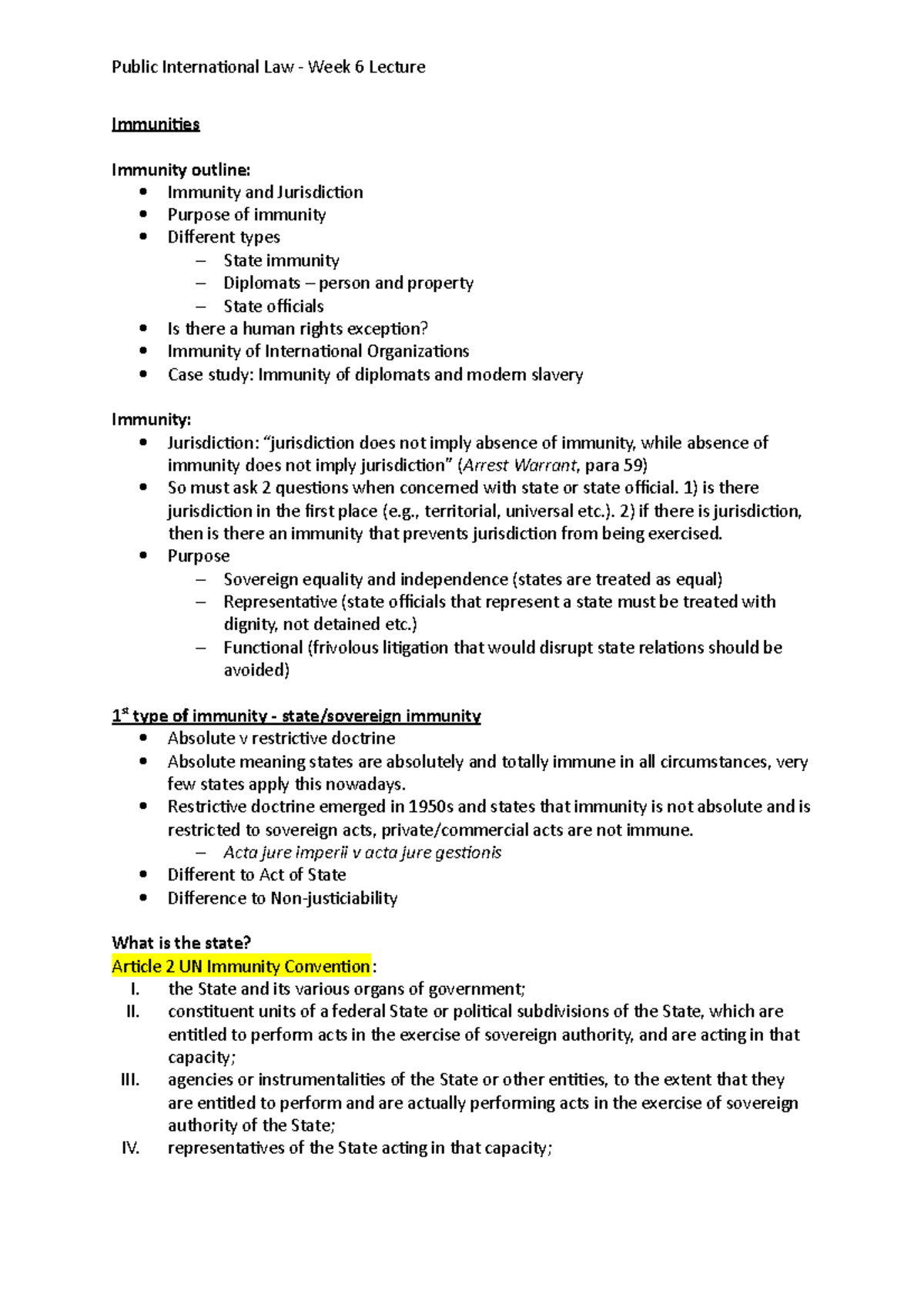 Week 6 immunities, public International law Immunities Immunity
