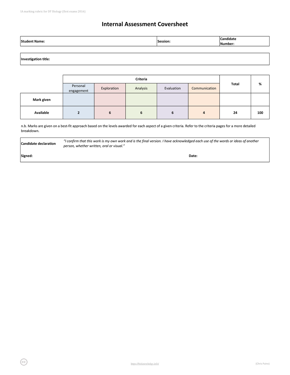 Biok DP Bio - IA criteria v2 - Student Name: Session: Candidate Number ...