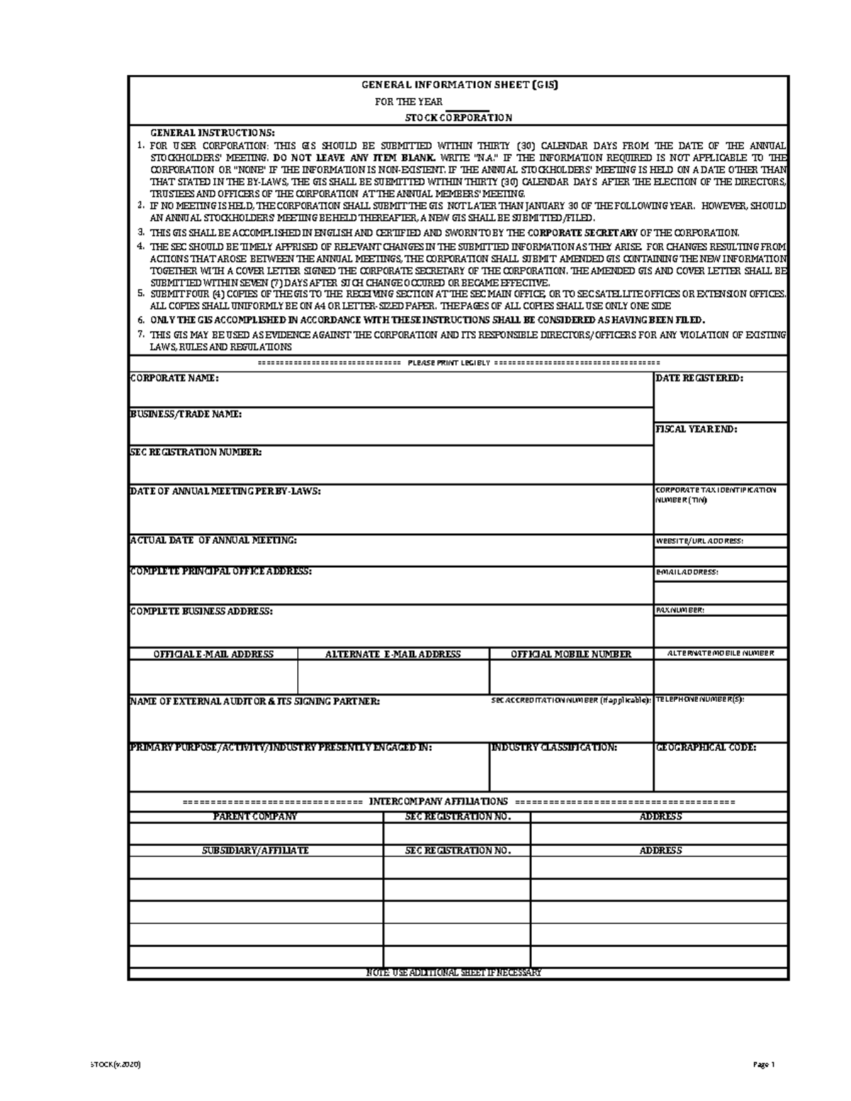 GIS Format Stock CORP GENERAL INSTRUCTIONS BUSINESS/TRADE NAME