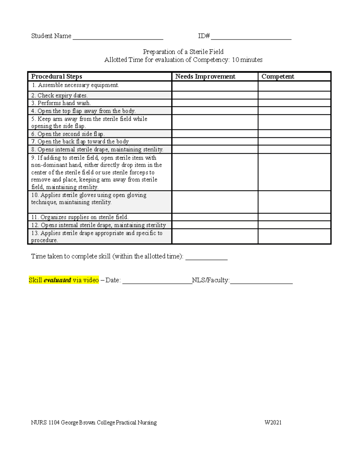 Skill checklist - setting up a sterile field and donning sterile gloves ...