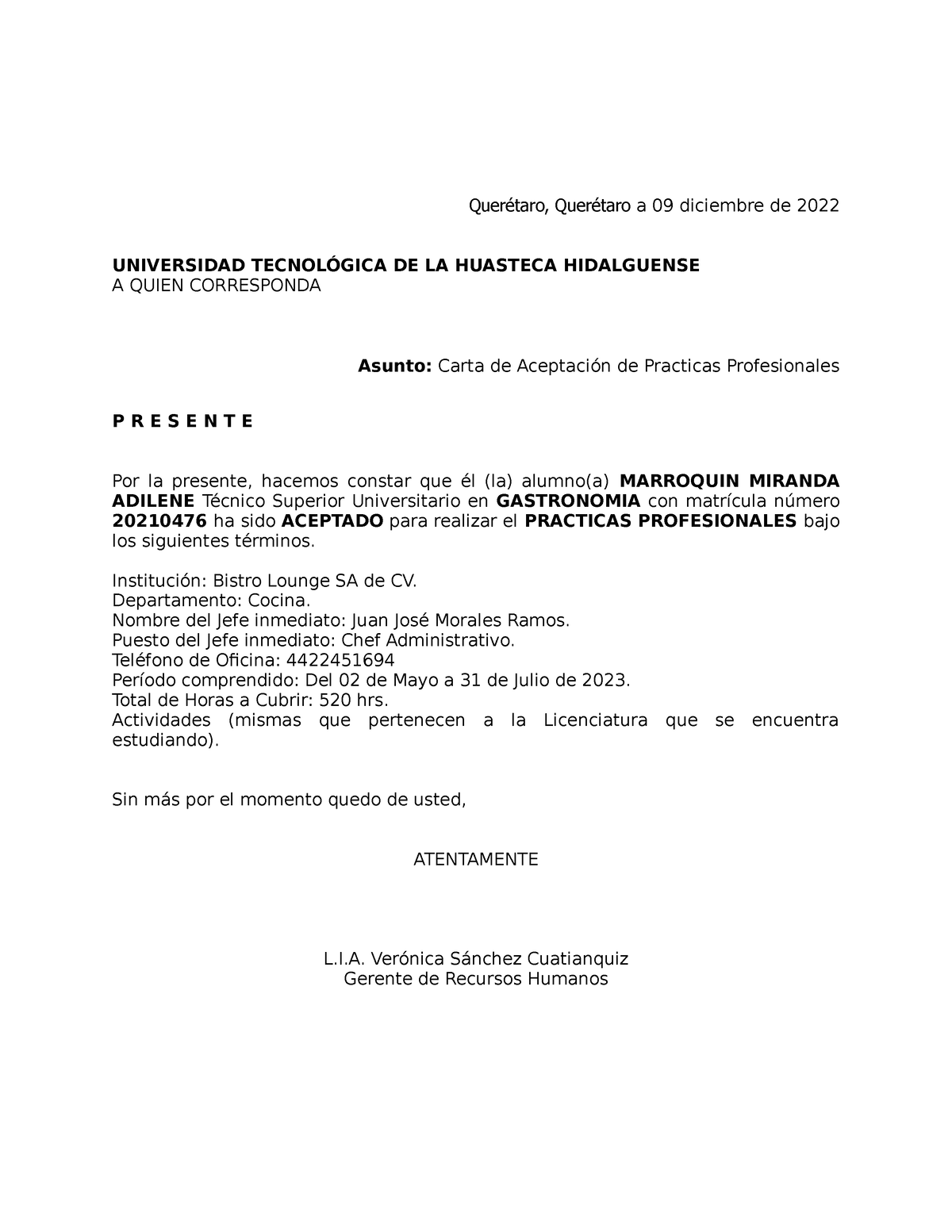 Formato Carta De Aceptacion De Practicas Profesionale 