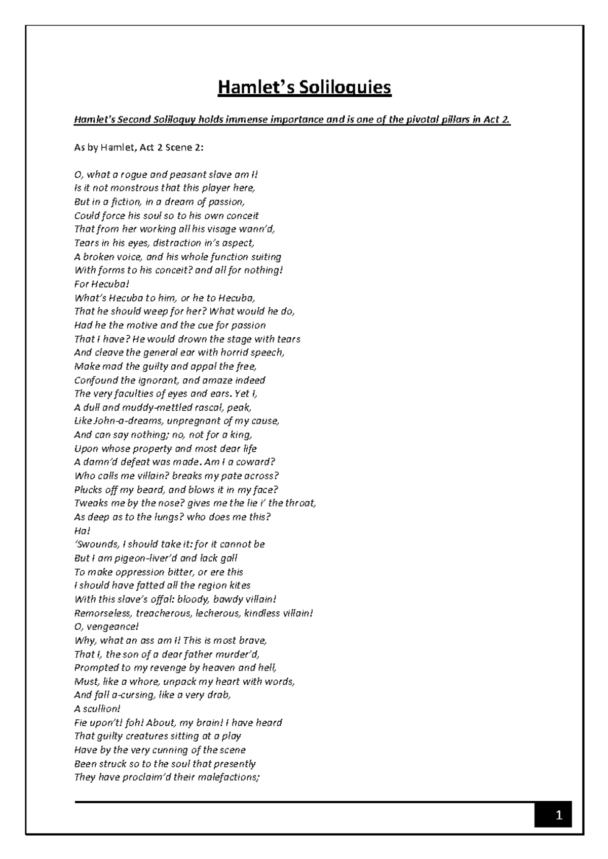 Hamlet Soliloquy 2nd soliloquy notes - 1 Hamlet’s Soliloquies Hamlet's ...