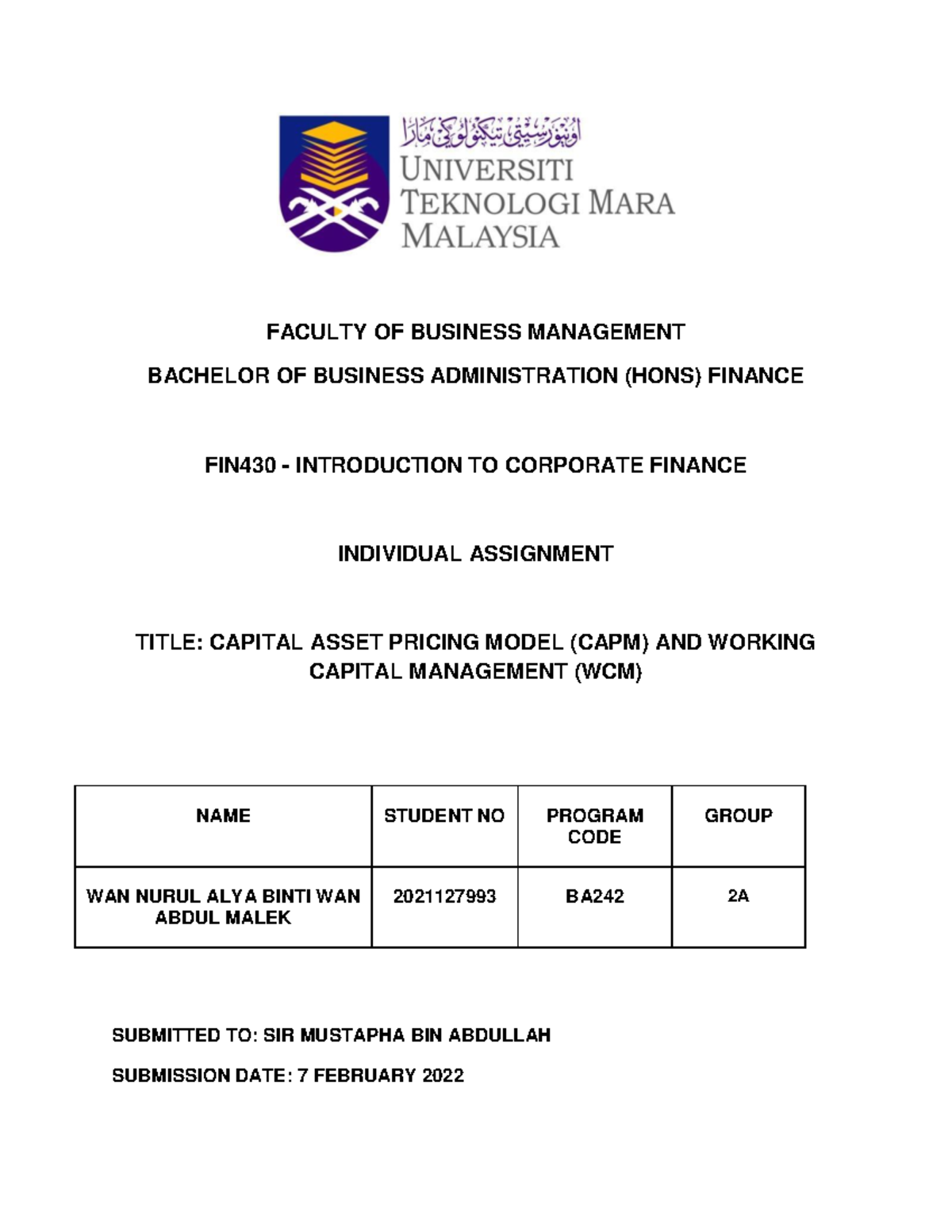 Individual Assignment - FACULTY OF BUSINESS MANAGEMENT BACHELOR OF ...