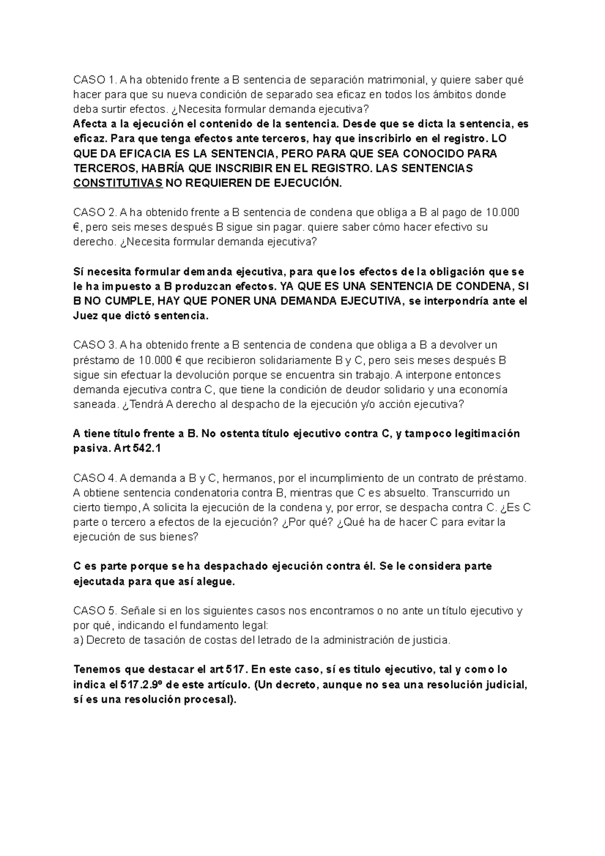 Casos Procesal Civil T1 - CASO 1. A Ha Obtenido Frente A B Sentencia De ...