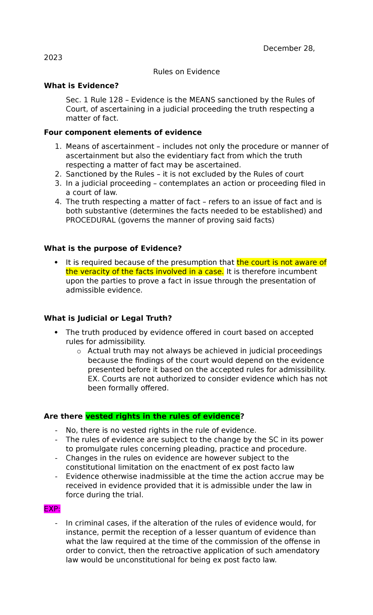 Evidence primer 2023 - December 28, 2023 Rules on Evidence What is ...