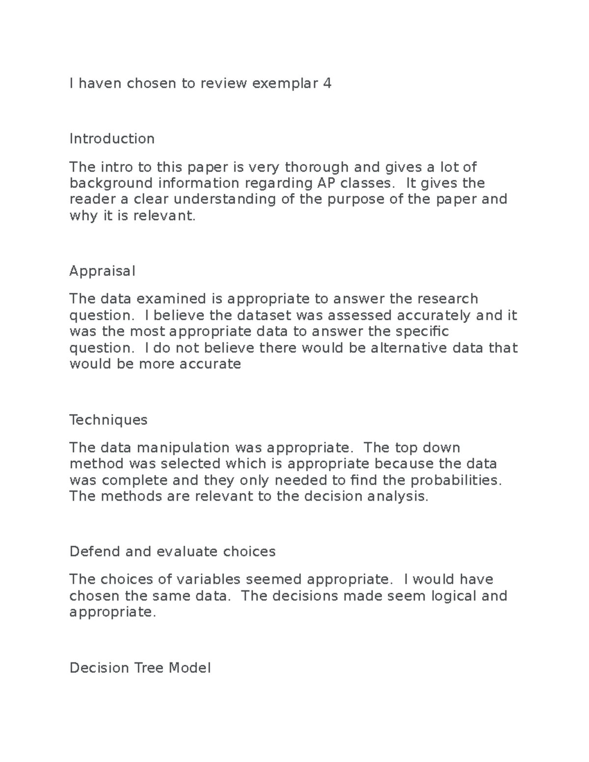 Peer Review-8 - Review - I haven chosen to review exemplar 4 ...