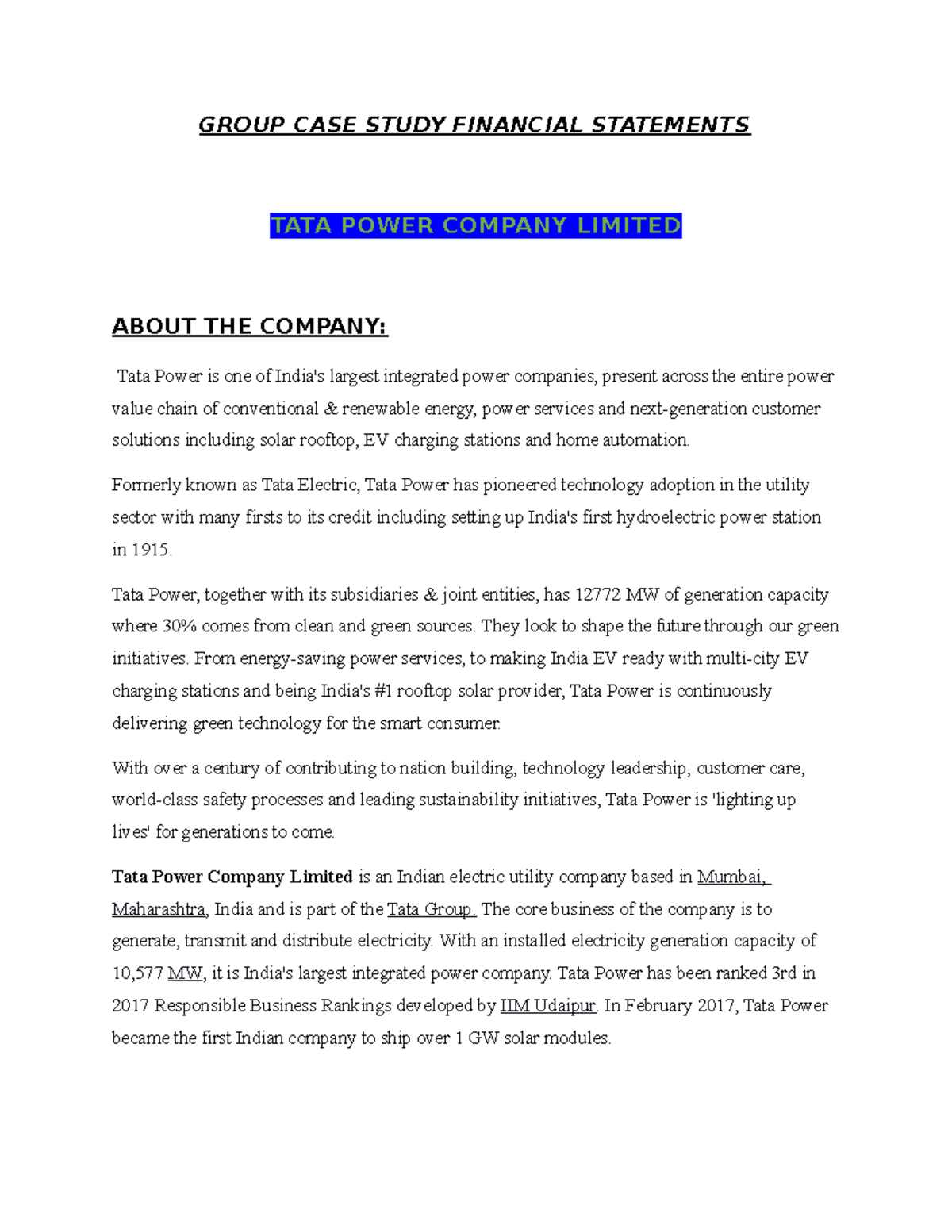 TATA Power 1 11 11 - data - GROUP CASE STUDY FINANCIAL STATEMENTS TATA ...