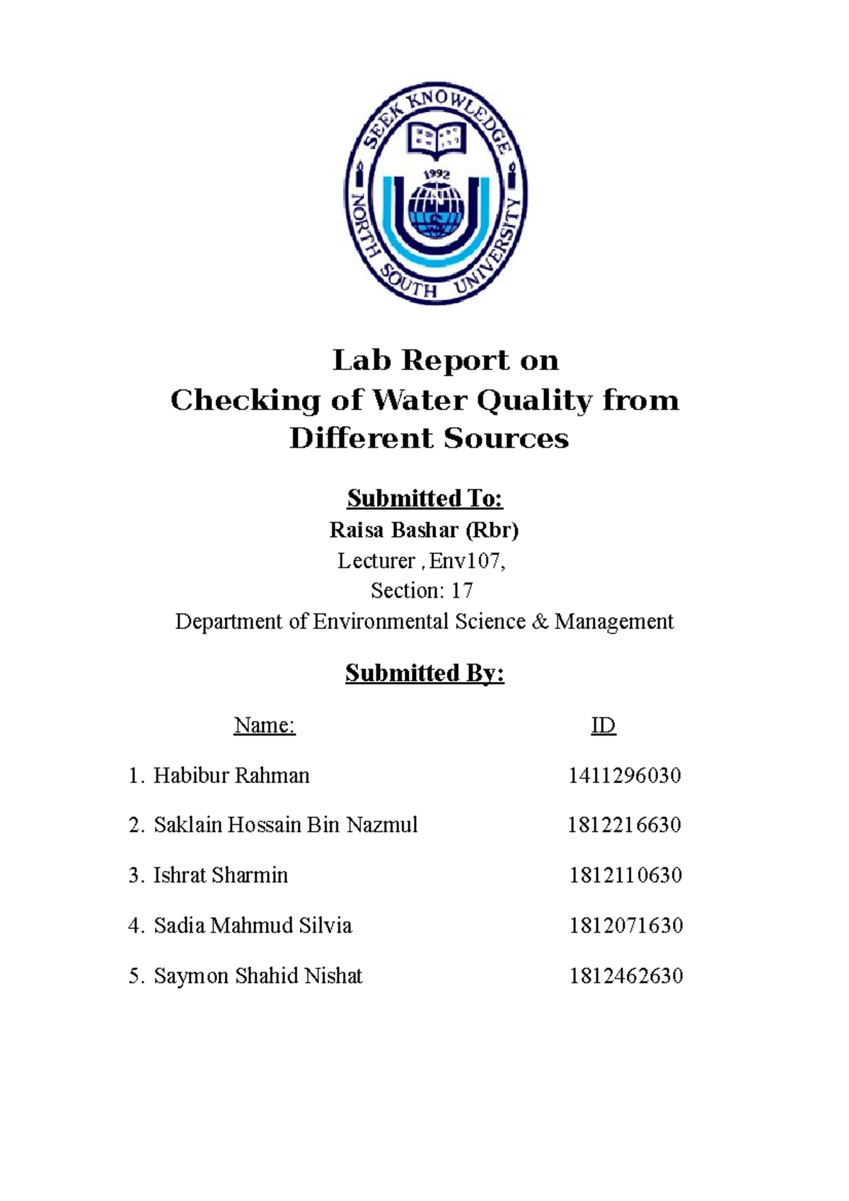 Env 107 Lab Report Fall 2021 - Lab Report On Checking Of Water Quality ...