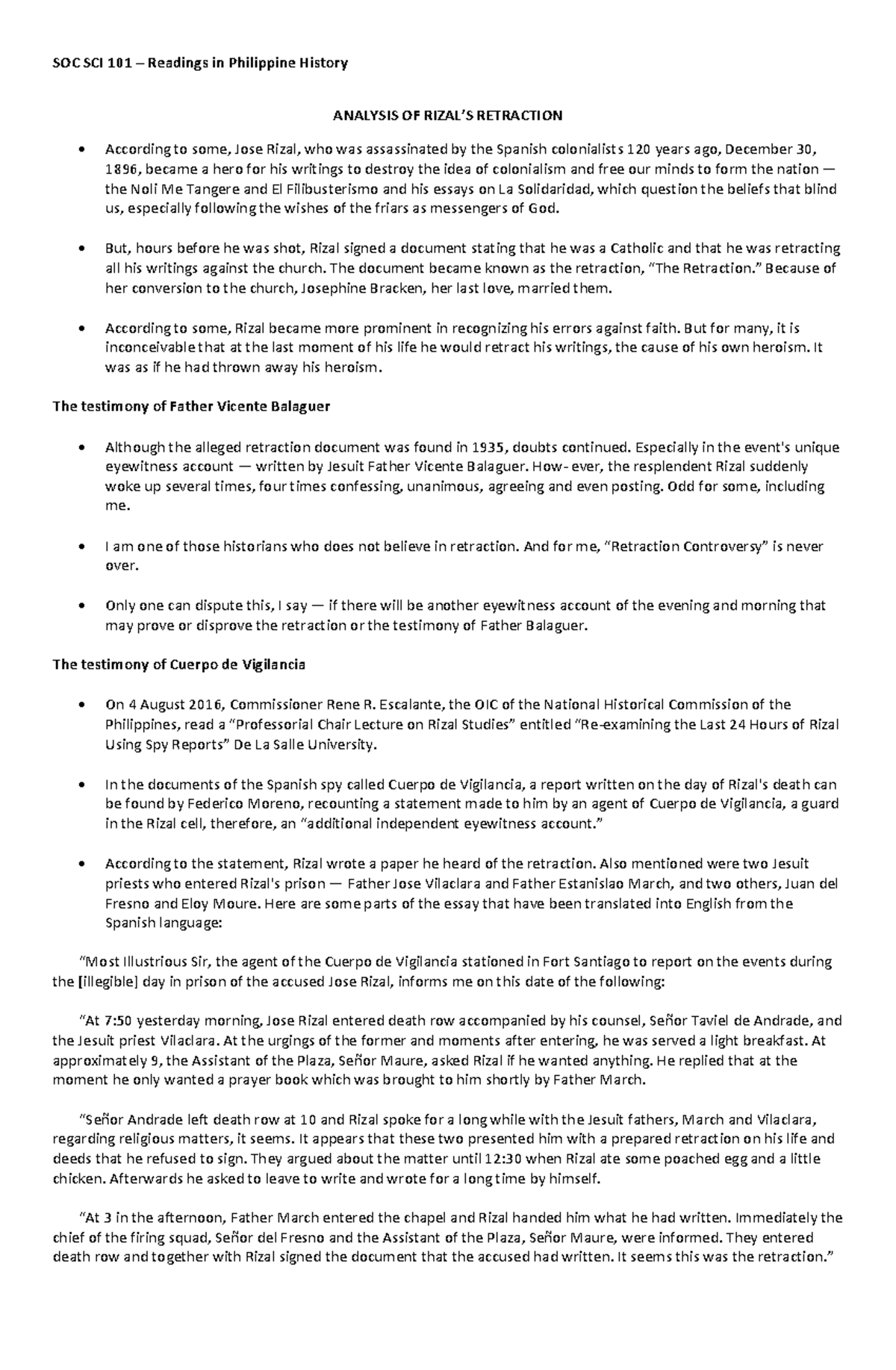 Analysis Of Retraction Soc Sci 101 Readings In Philippine History Analysis Of Rizal’s