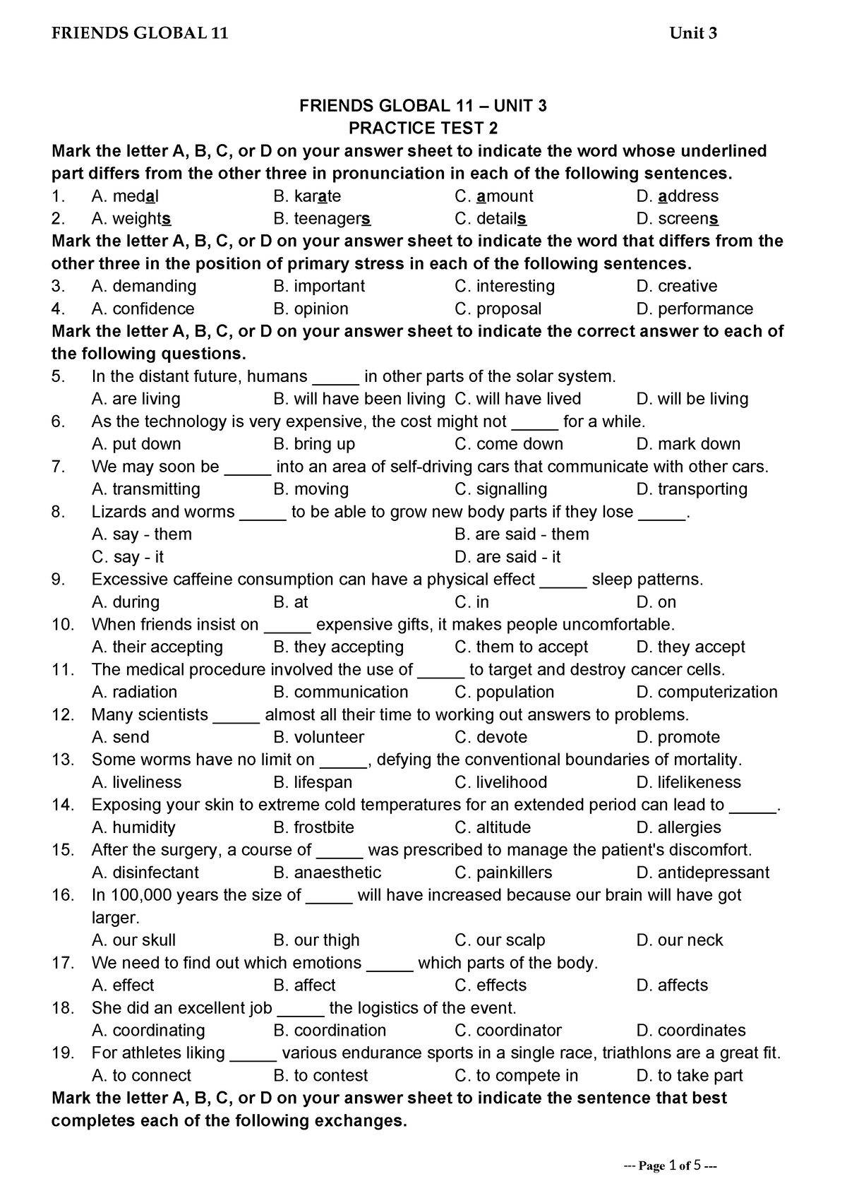 Tieng Anh 11 Friends Global - Unit 3 - Test 2 - FRIENDS GLOBAL 11 ...