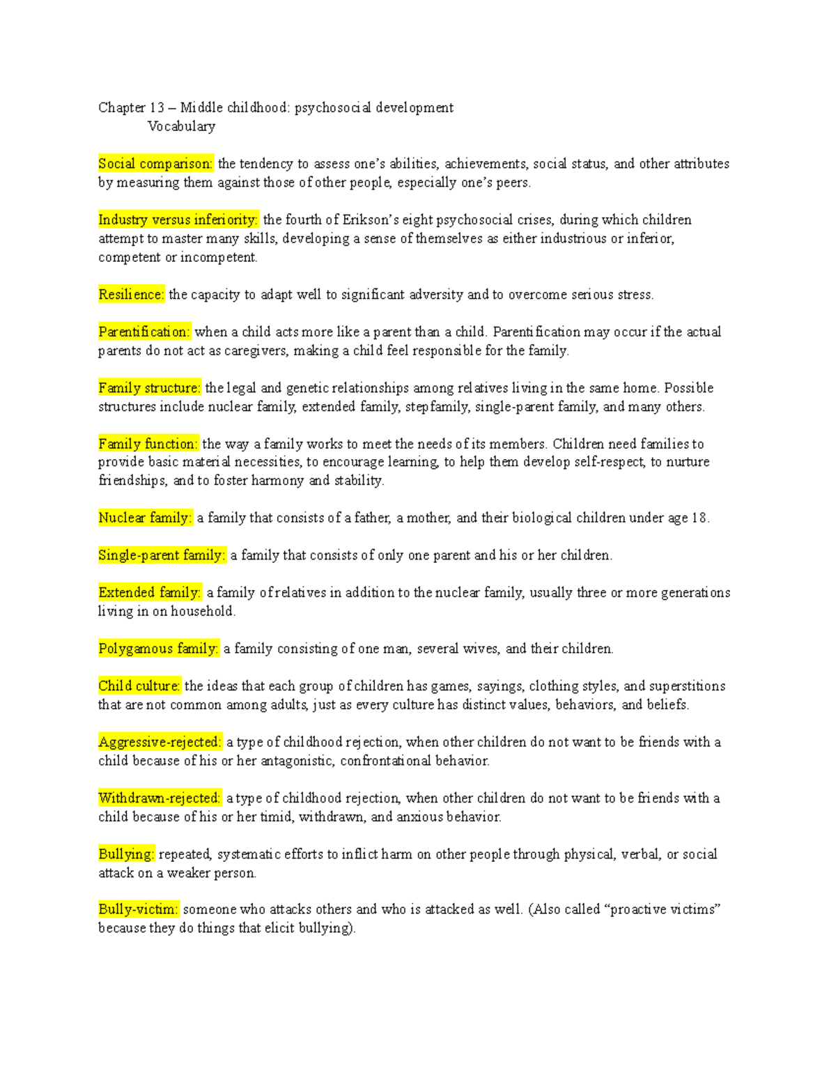 Chapter 13 PSY 215 - Chapter 13 – Middle Childhood: Psychosocial ...