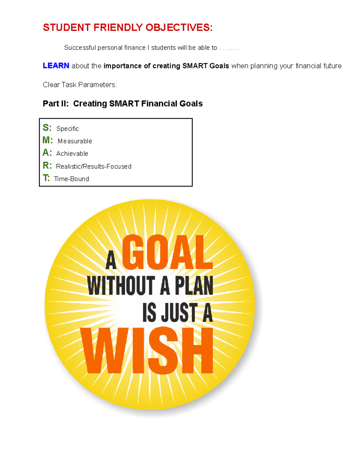 Smart Financial Goals - STUDENT FRIENDLY OBJECTIVES: Successful ...