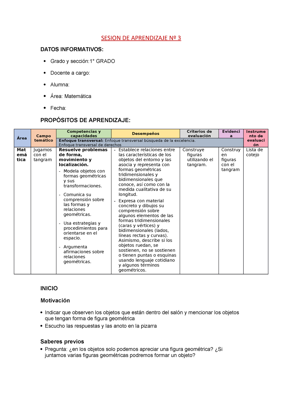 Sesion DE Aprendizaje M - SESION DE APRENDIZAJE Nº 3 DATOS INFORMATIVOS ...