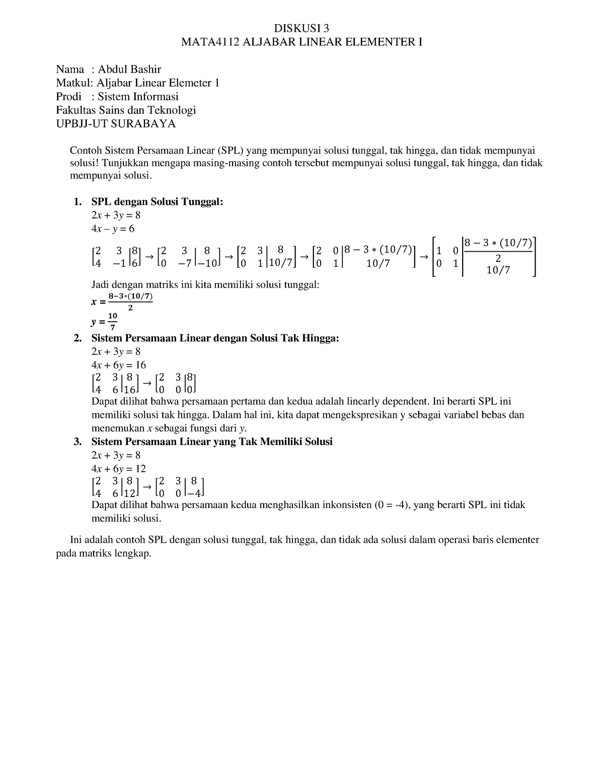 Diskusi 3 MATA4112 Aljabar Linear Elementer I - DISKUSI 3 MATA 4112 ...