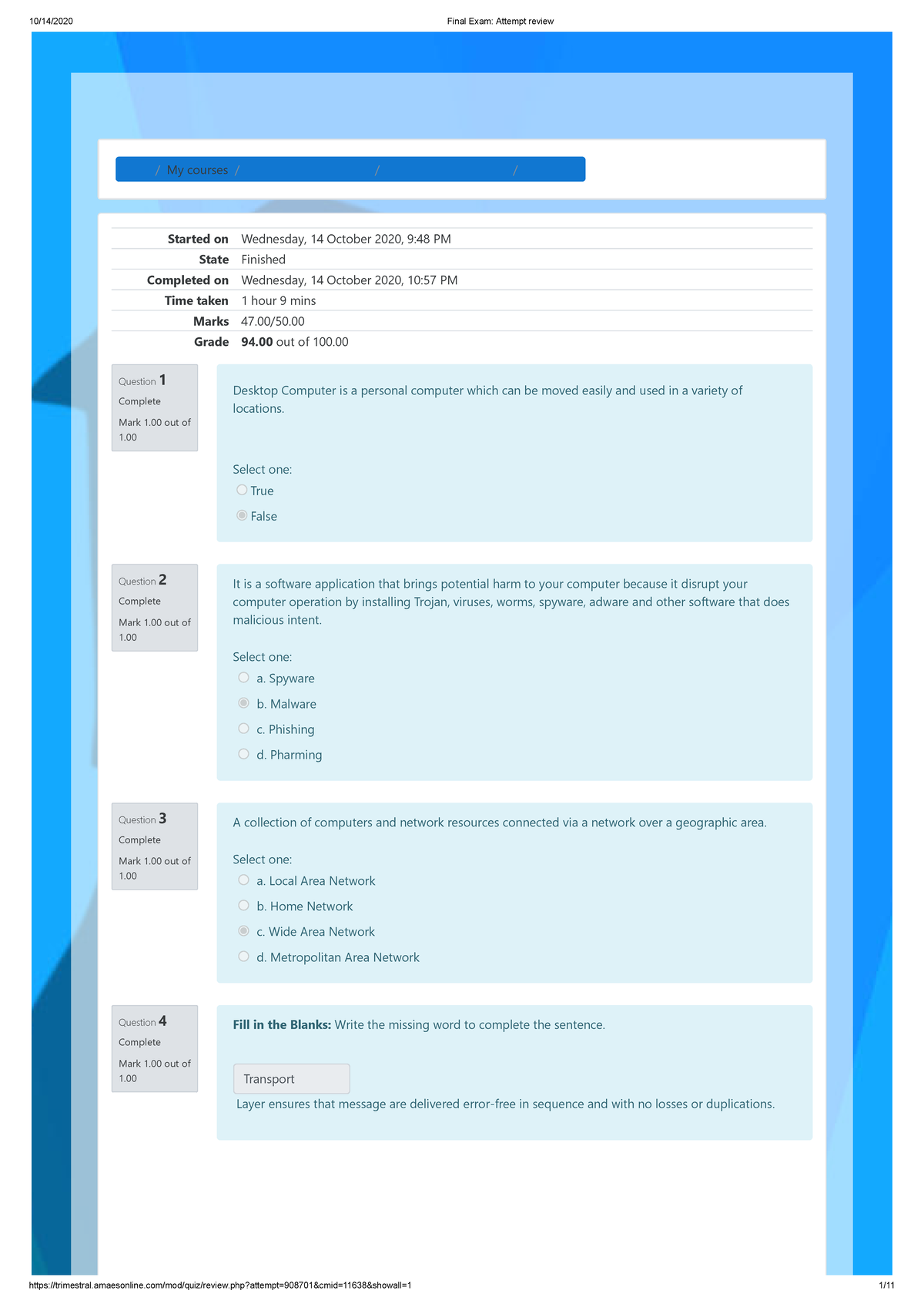 Final Exam Attempt Review Fundamentals 1 - Home / My Courses / UGRD ...