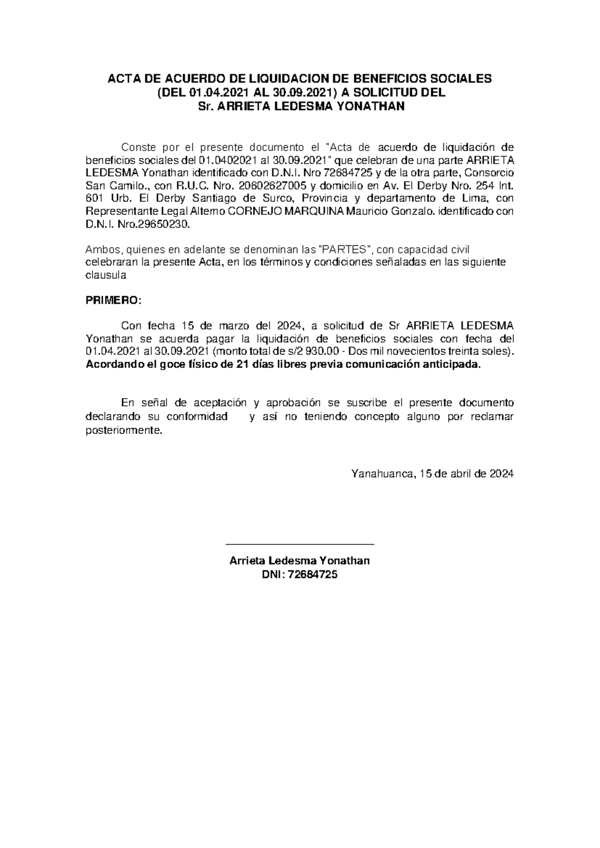 Acta De Acuerdo De Liquidacion De Beneficios Sociales Acta De Acuerdo