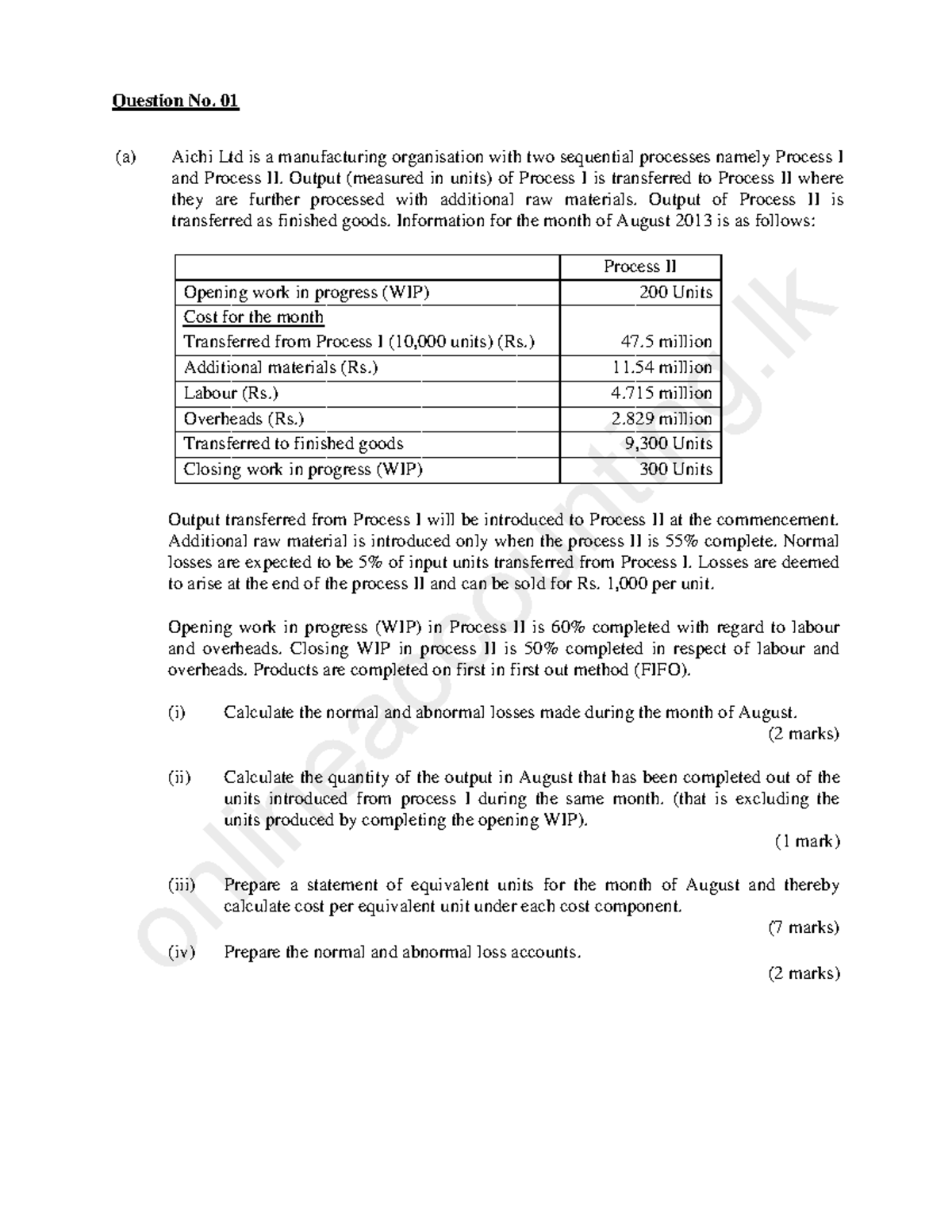 1603520511159362010 5 Process Costing Further Questions - Question No ...