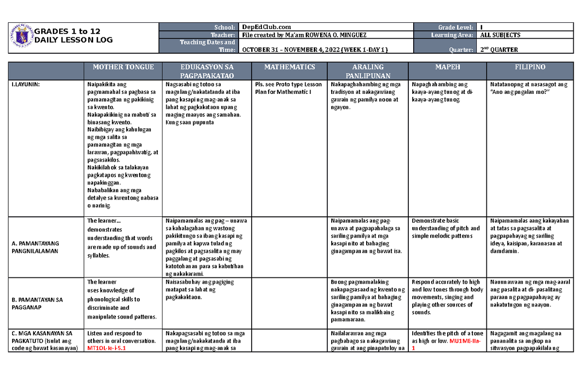 DLL ALL Subjects 1 Q2 W1 D1 - GRADES 1 To 12 DAILY LESSON LOG School ...