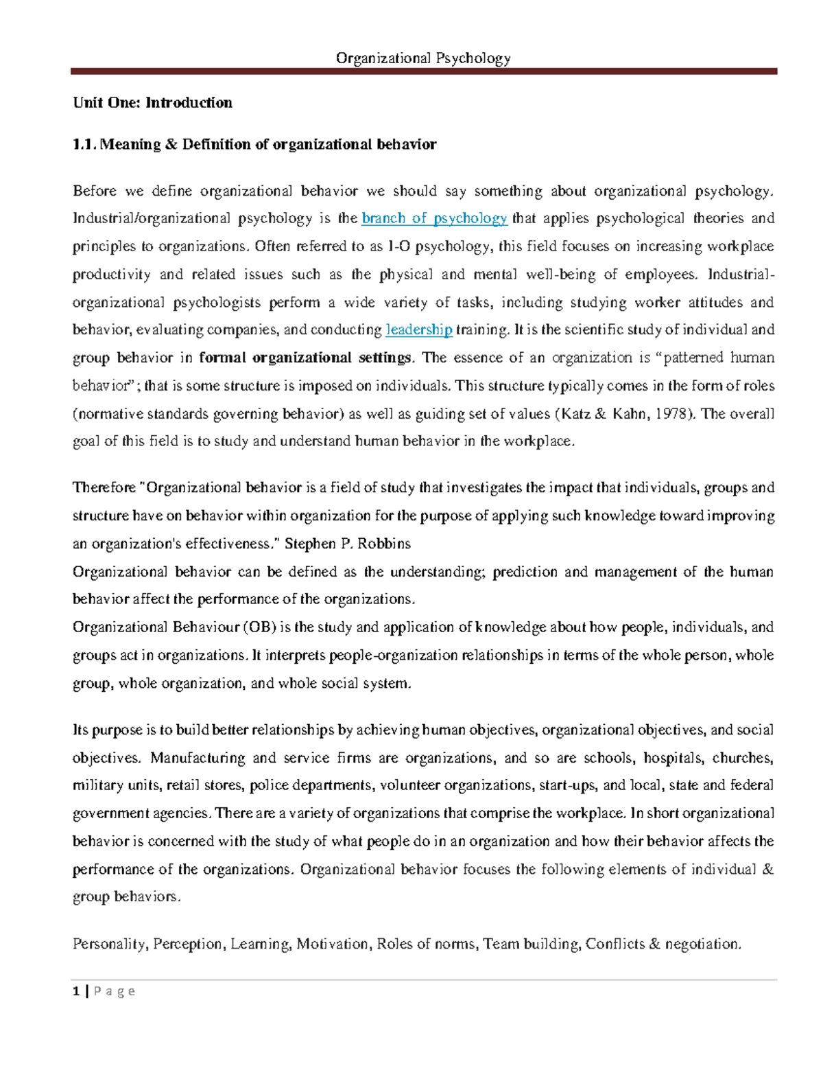 Lecturenote 1675058037 Organizational Psychology Unit One