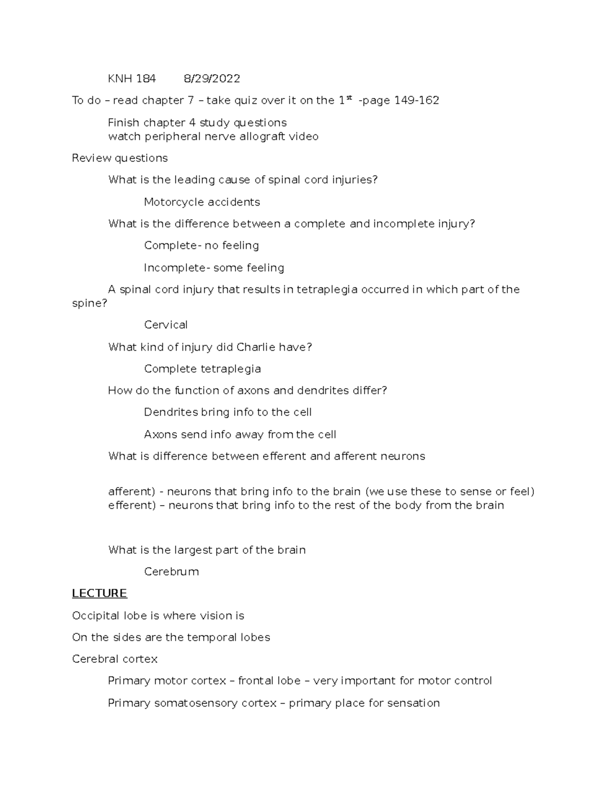 KNH 184 8-29-2022 brain and spinal cord - KNH 184 8/29/ To do – read ...