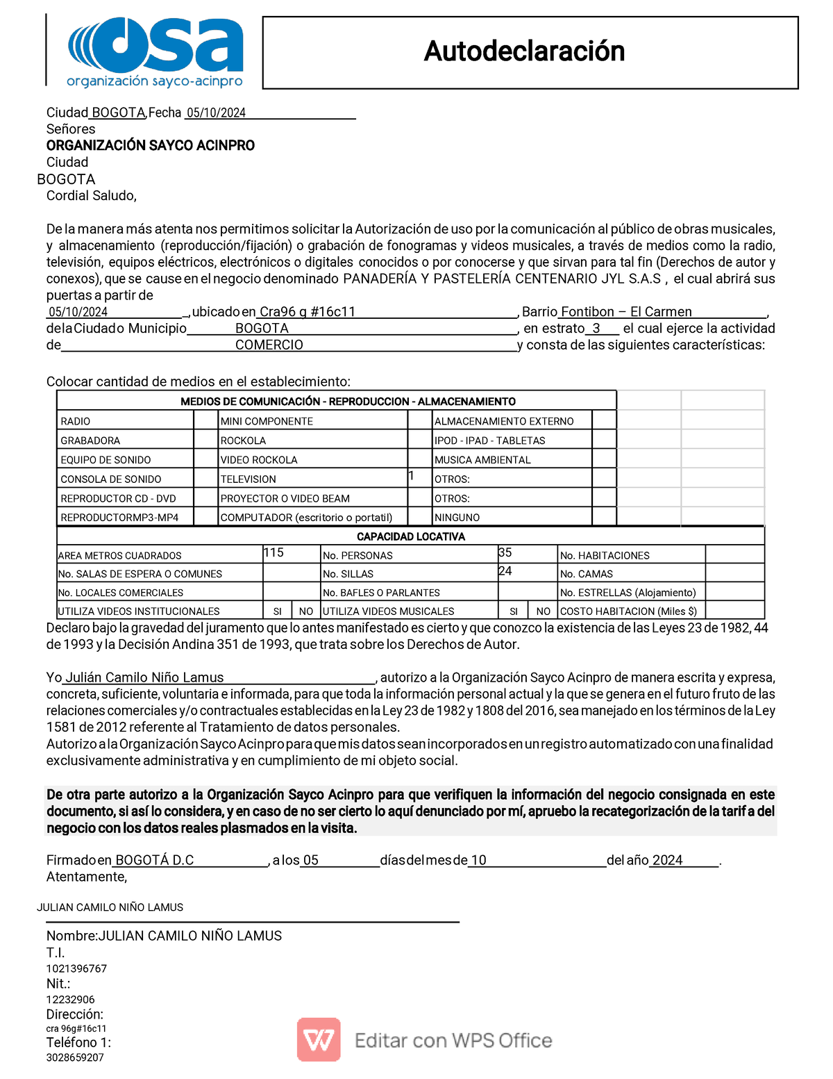 14. Sayco Y Acinpro-1 - Autodeclaración Ciudad BOGOTA,Fecha 05/10 ...