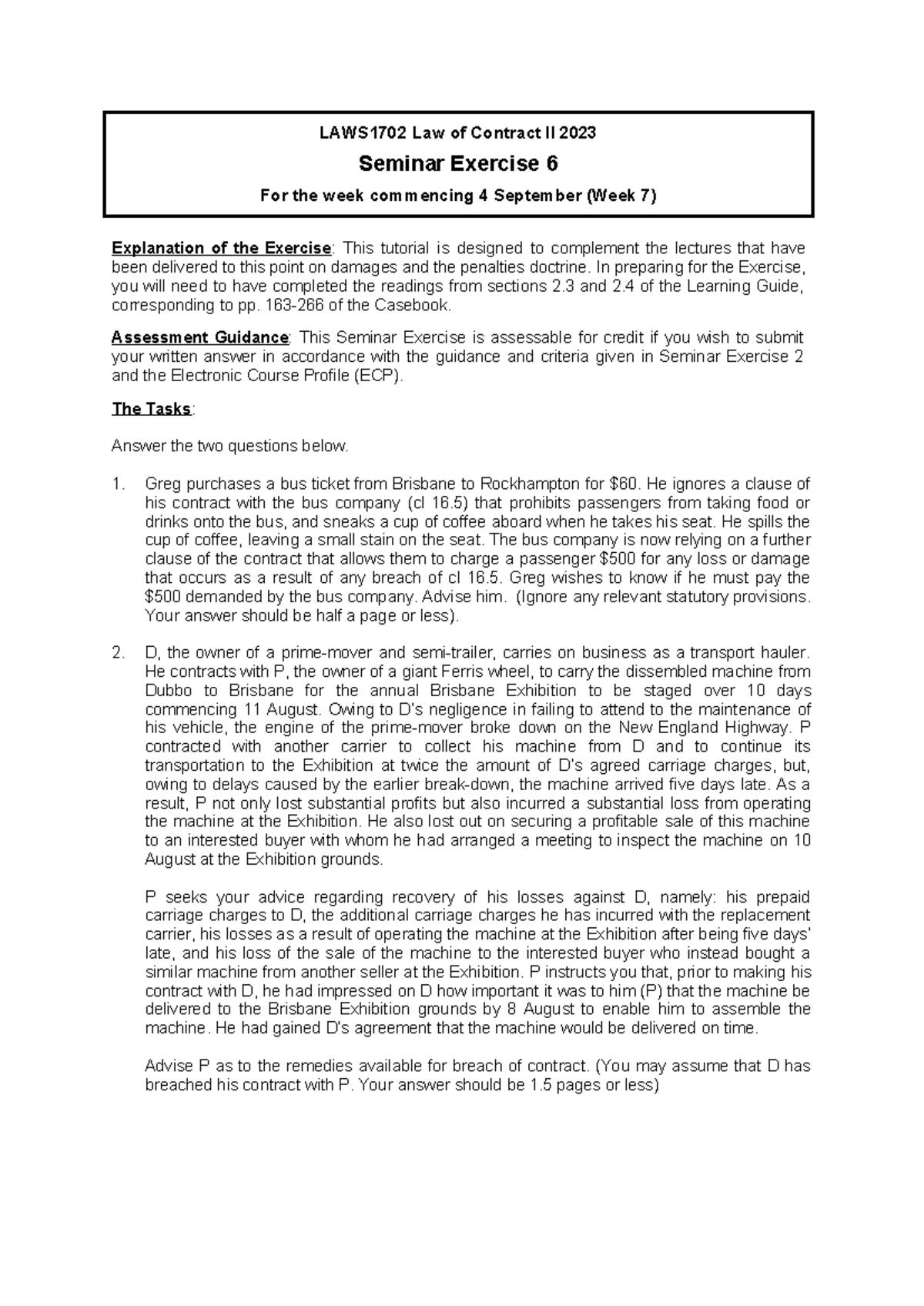 Seminar Exercise 6 - Question - LAWS1702 Law of Contract II 2023 ...