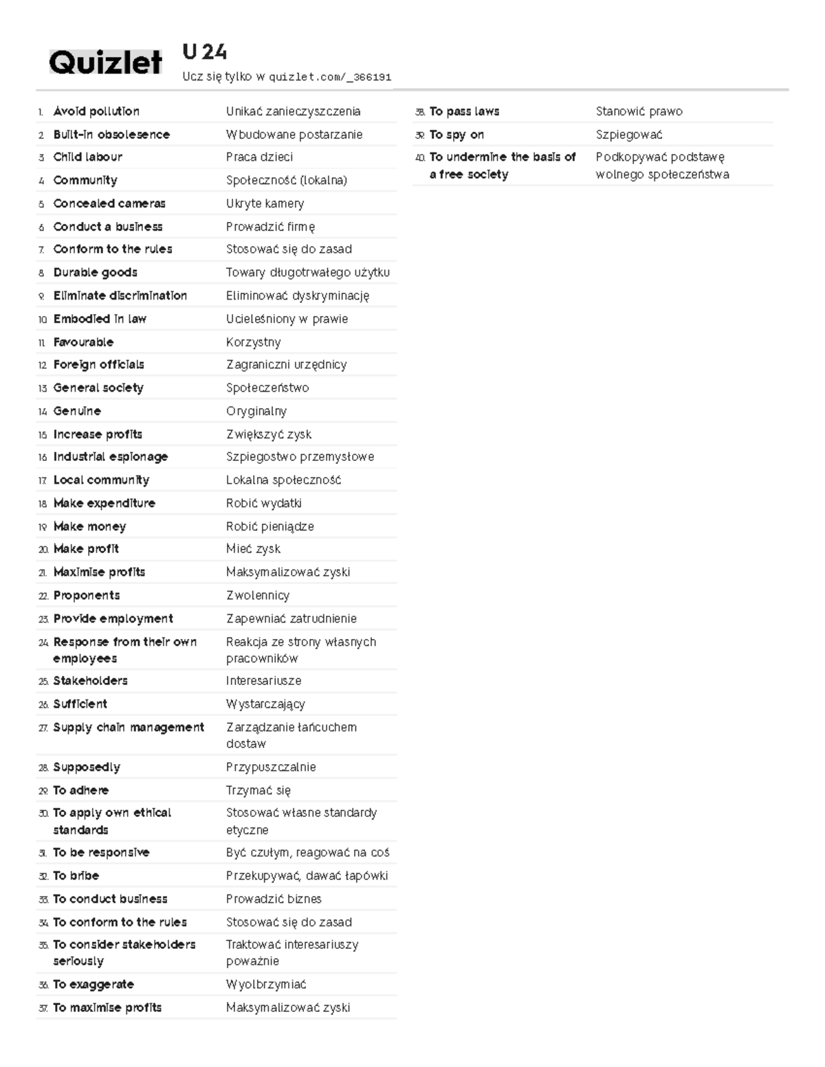 Quizlet Avoid pollution Unikać zanieczyszczenia Builtin obsolesence