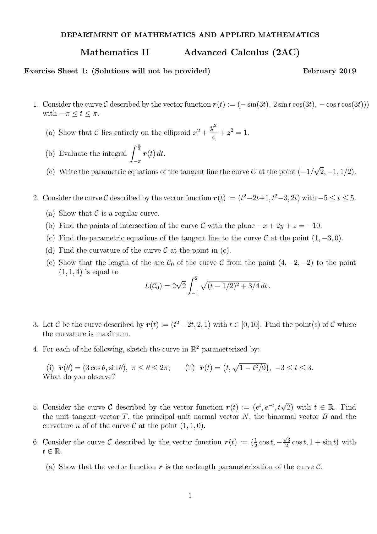 Exercise sheet 2019-01 - DEPARTMENT OF MATHEMATICS AND APPLIED ...