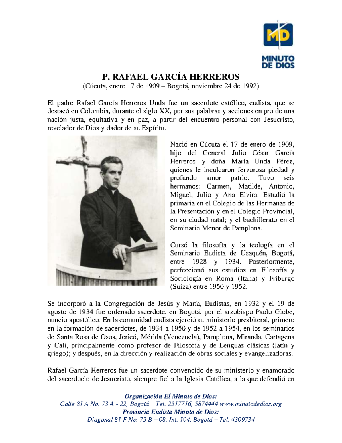 Padre rafael garcia herreros biografia - Organización El Minuto de Dios ...