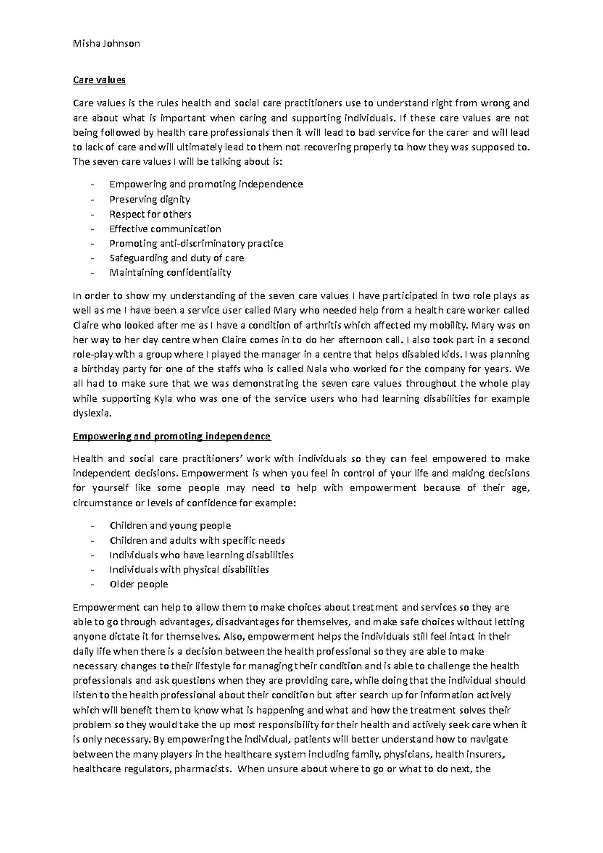 Finished coursework - Care values Care values is the rules health and ...