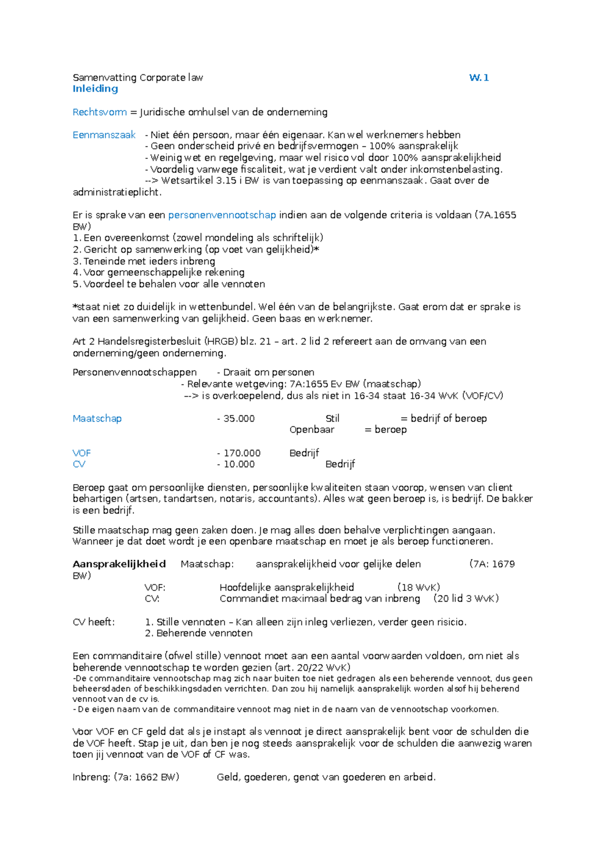 Corporate Law Samenvatting Theorie Samenvatting Corporate Law W Inleiding Rechtsvorm