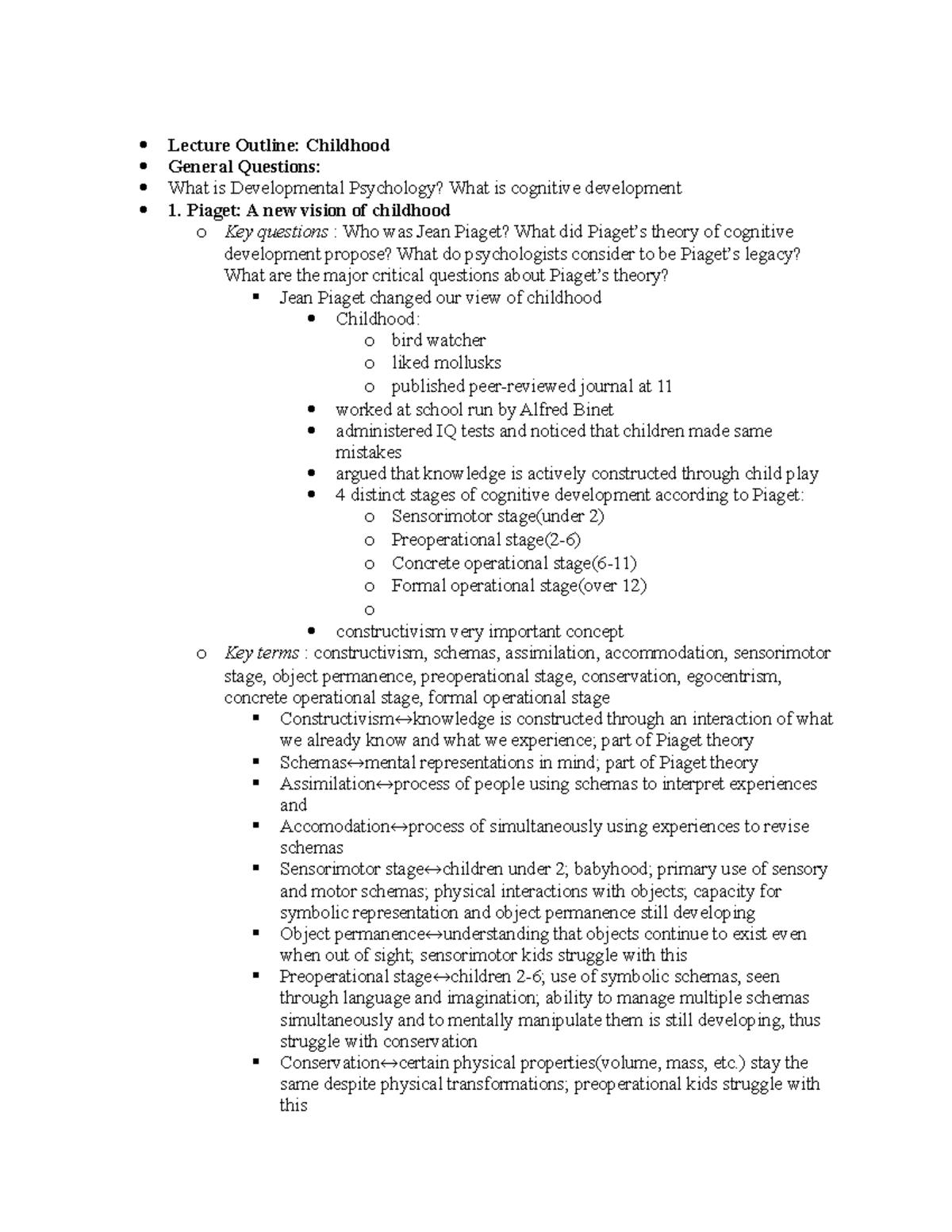 PSY101 Childhood - Prof. Bridgette Hard - Lecture Outline: Childhood ...