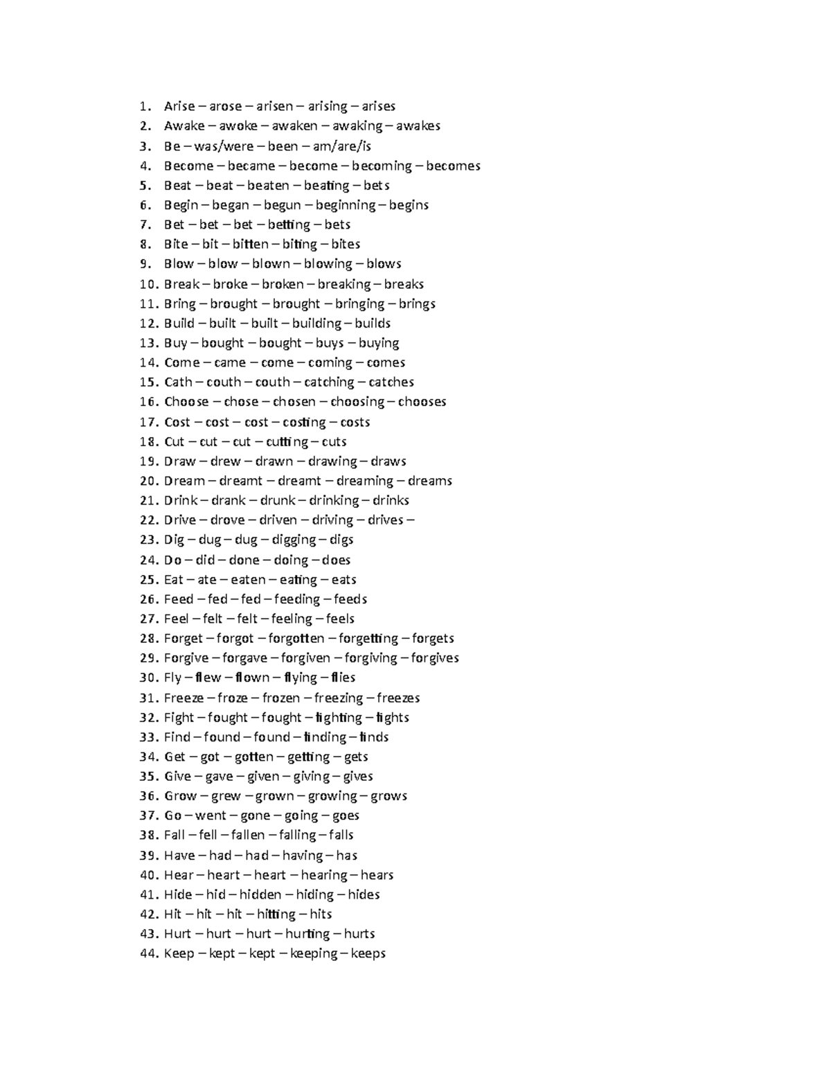 Irregular verbs - N,F, - Arise – arose – arisen – arising – arises ...