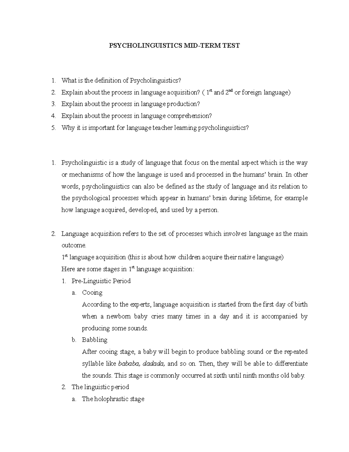 Mid-Term Test Psycholinguistics - PSYCHOLINGUISTICS MID-TERM TEST What ...