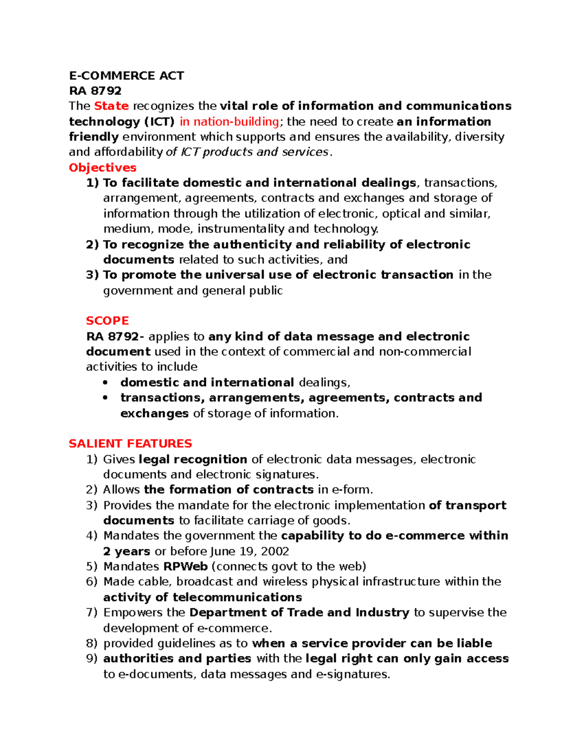 Ecommerce E Commerce Summary E Commerce Act Ra 8792 The State