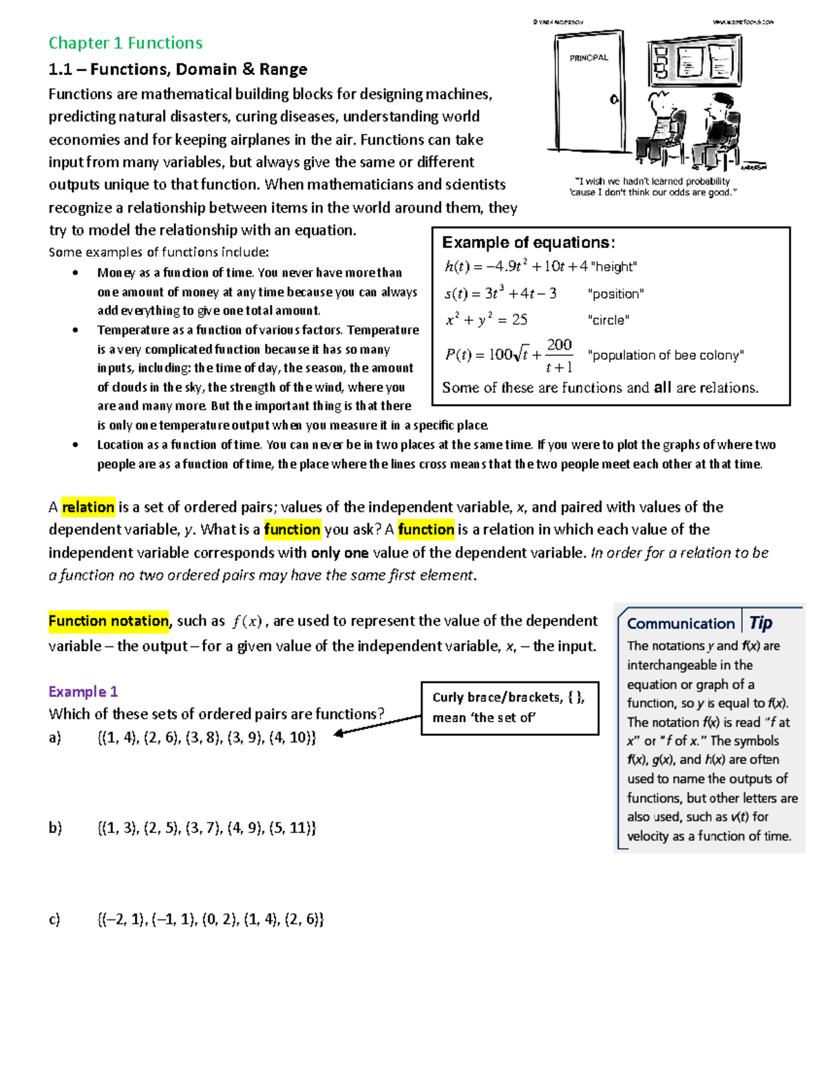 1.1 Functions Domain and Range - Example of equations: h( t) 4. 9 t 2 ...