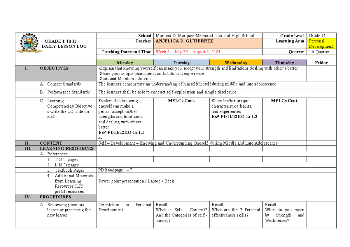 Daily Lesson Log PD Week 1 - GRADE 1 T0 12 DAILY LESSON LOG School ...