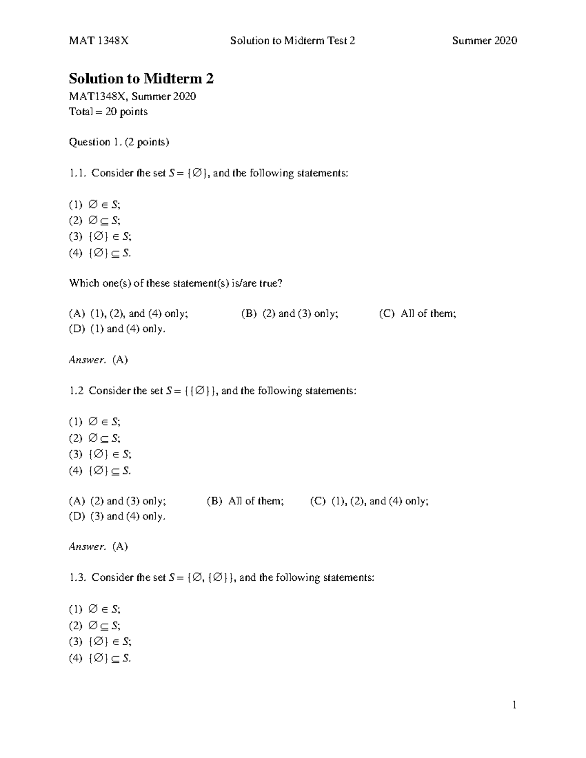 1348Mid2Solution S 20 - Midterm - Solution To Midterm 2 MAT1348X ...