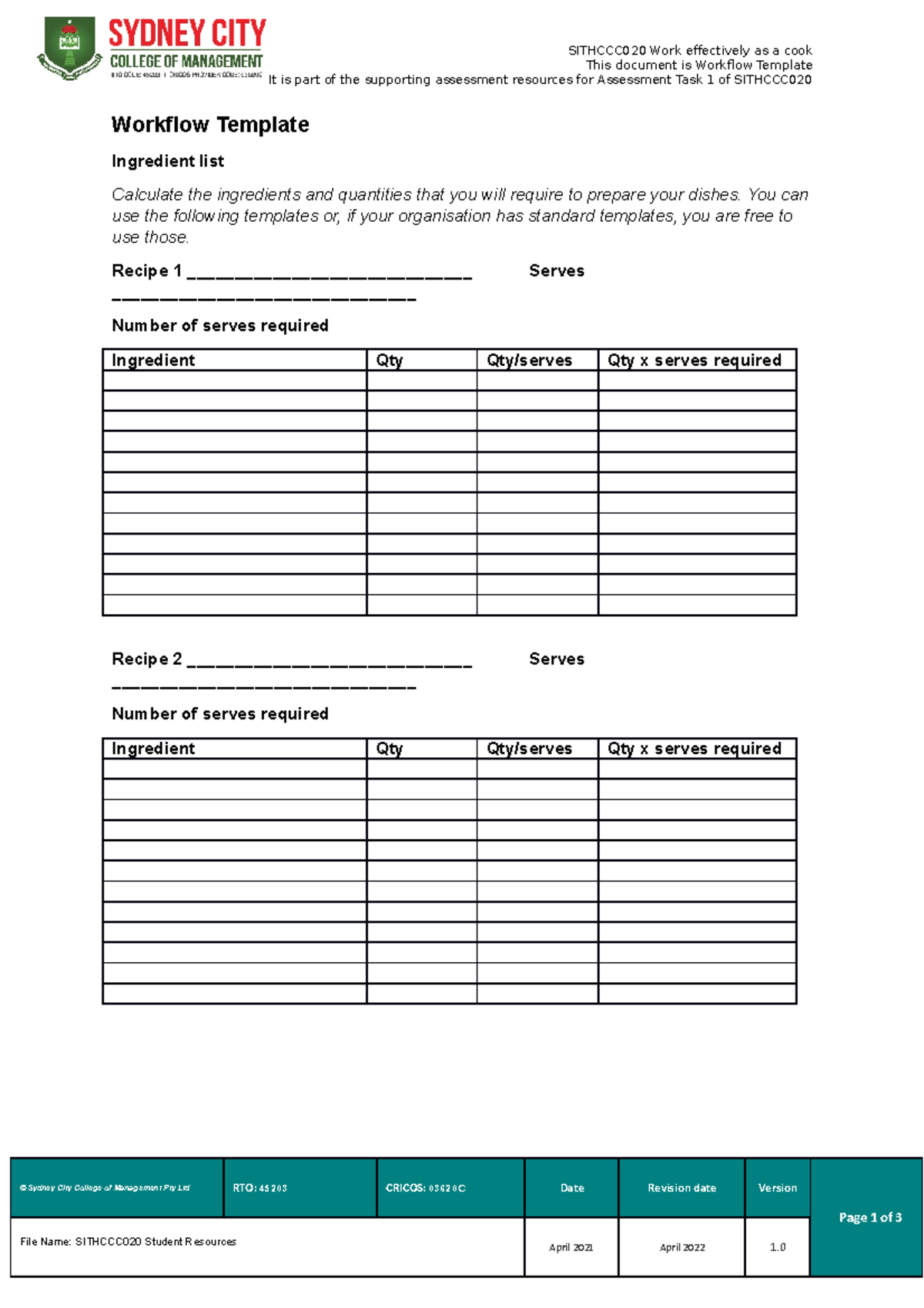 Workflow Template document - SITHCCC020 Work effectively as a cook This ...