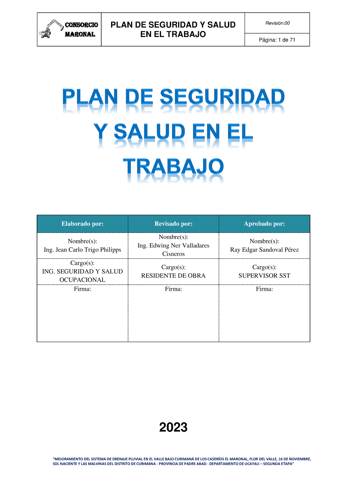 Plan Anual De Seguridad Y Salud En El Trabajo Consorcio Maronal 1 Copia “mejoramiento Del 6869