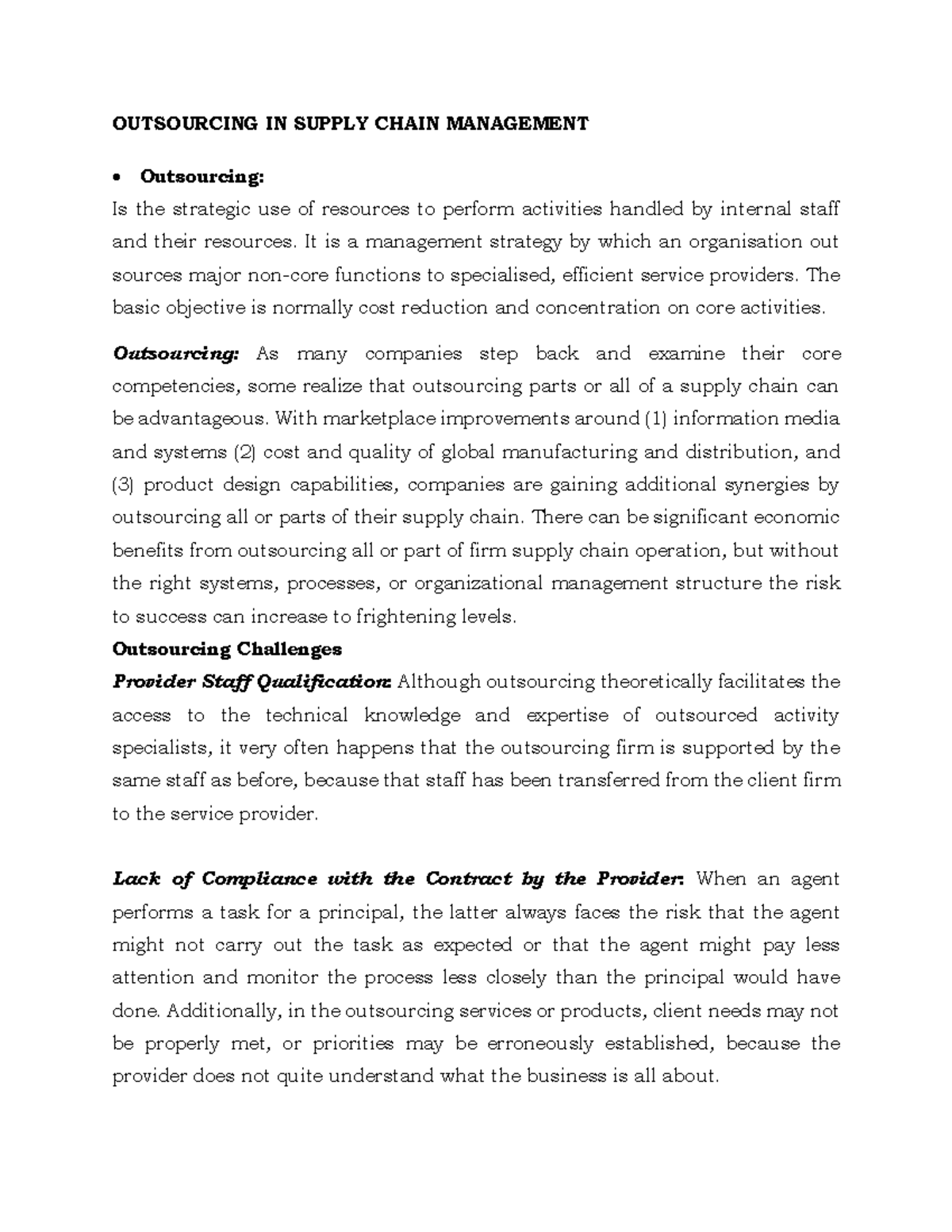 Outsourcing IN Supply Chain Management OUTSOURCING IN SUPPLY CHAIN