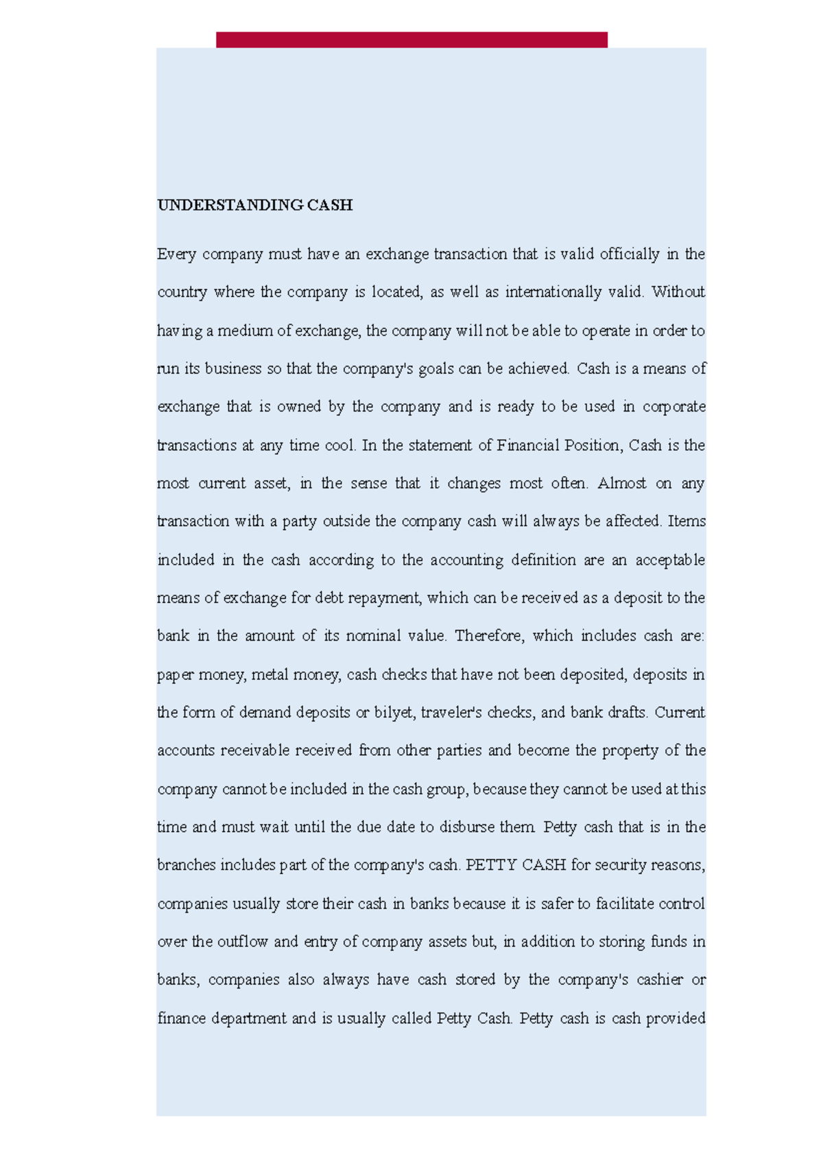 Notes Accounting - Understanding CASH - UNDERSTANDING CASH Every ...