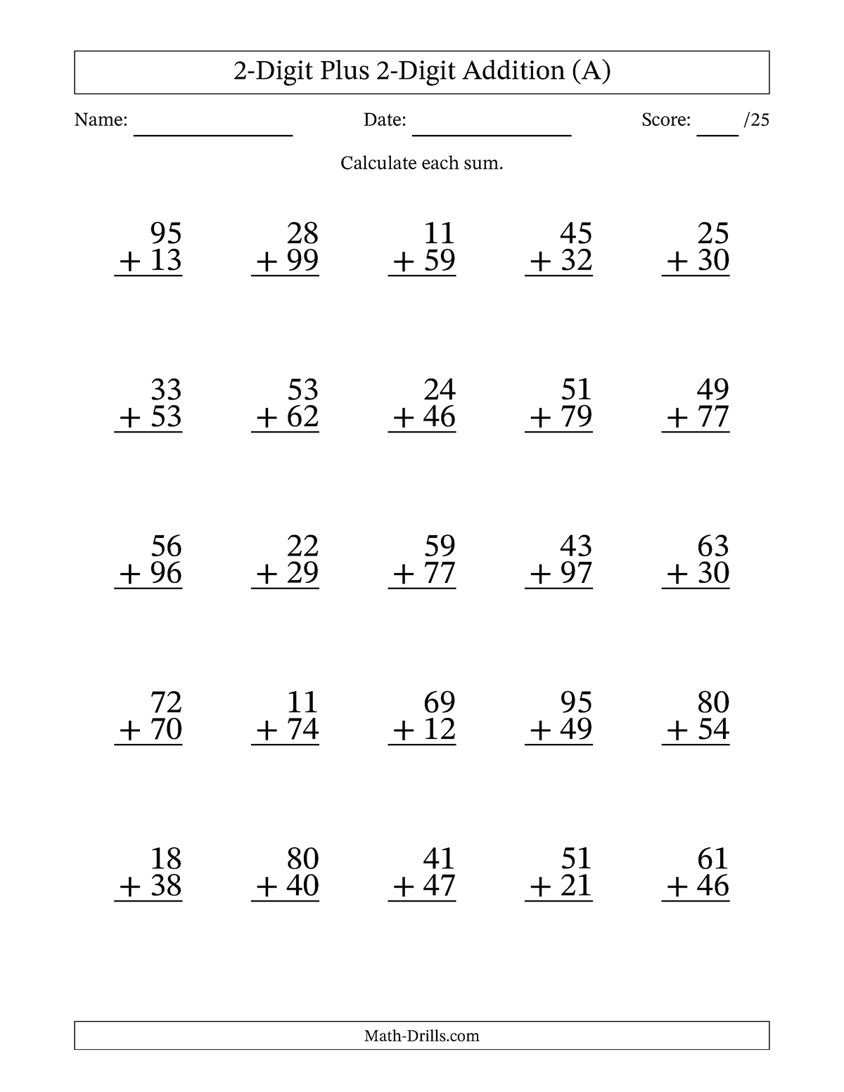 Addition 2digit Someregrouping 001 2 Digit Plus 2 Digit Addition A Name Date Score