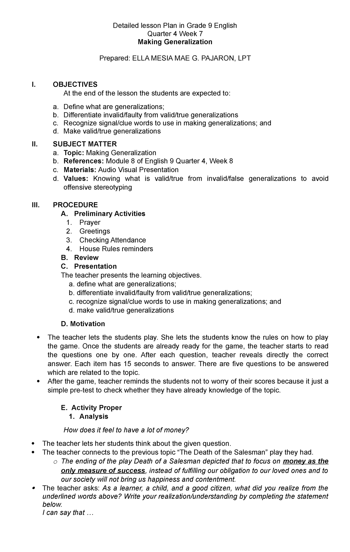 Semi Detailed Lesson Plan In Grade 10 English 9 Detailed Lesson Plan 
