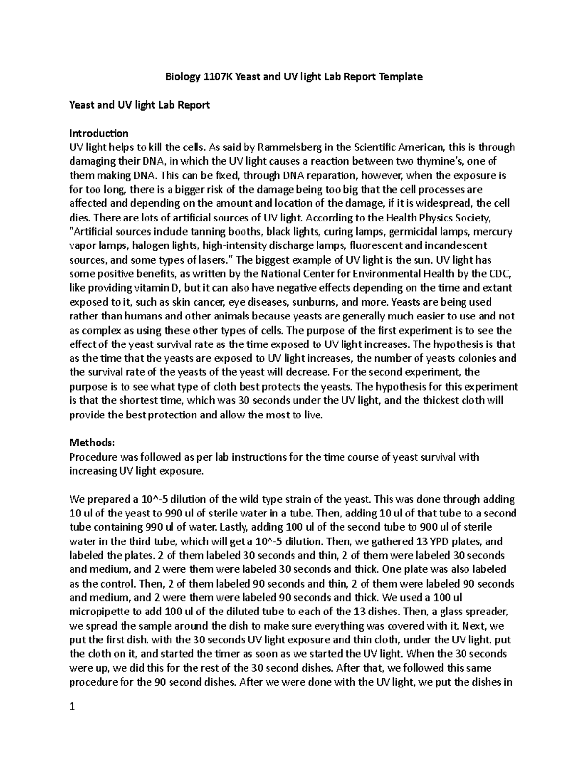 Yeast Lab Report Template 000 Biology 1107K Yeast and UV light Lab