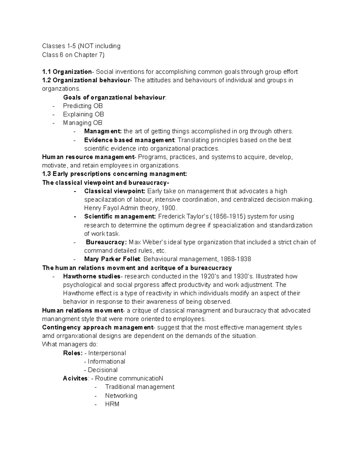 Human resource organizational behaviour ch 1 notes - Classes 1-5 (NOT ...