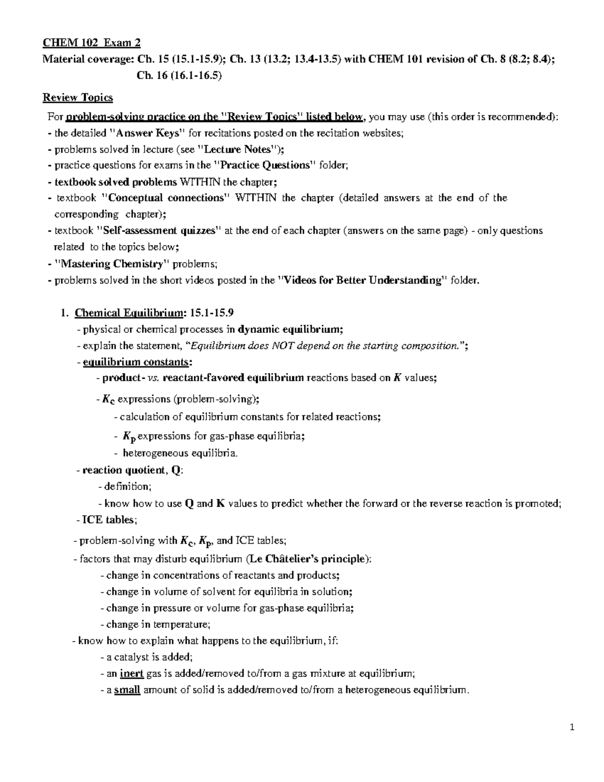 Review Topics CHEM 102 Exam II Winter 2022 - 1 CHEM 102 Exam 2 Material ...
