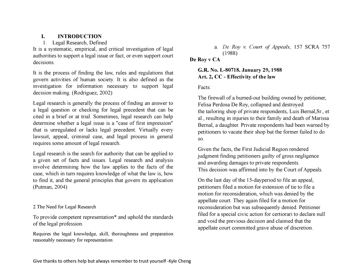 KNDC Leg Res Summary - I. INTRODUCTION Legal Research, Defined It is a ...