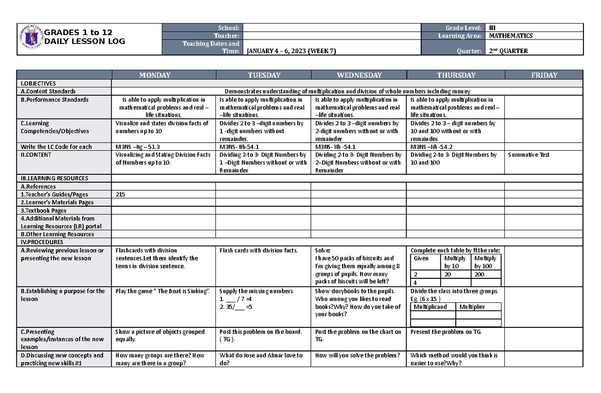 DLL Mathematics 3 Q2 W7 - for information - GRADES 1 to 12 DAILY LESSON ...